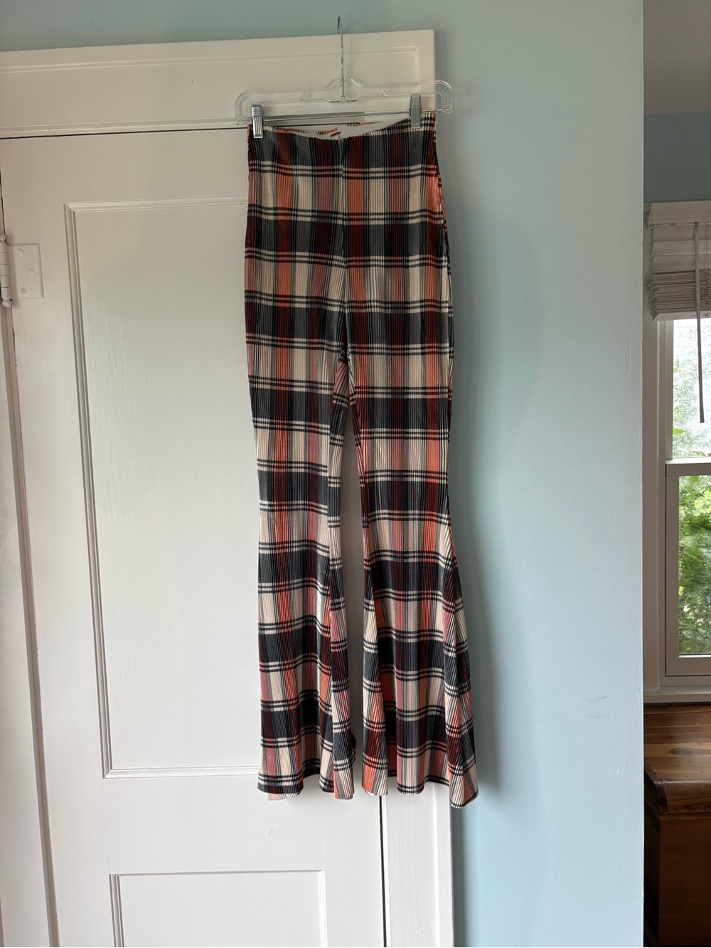 Free People Bethany Plaid Pleated Flare Pants Orange Cream Plisse XS Fall Boho